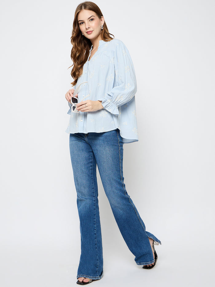 Madame Floral Print Cotton Blend Powder Blue Top