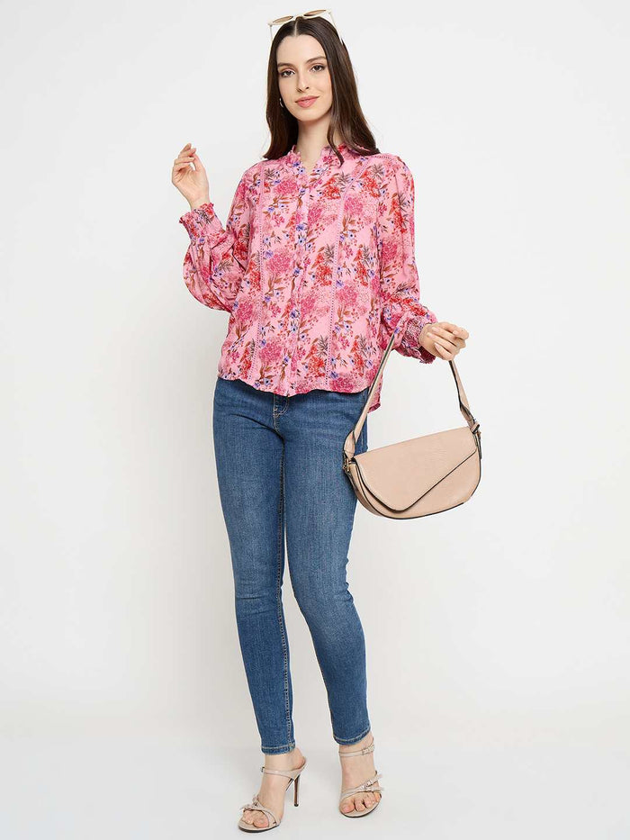 Madame Floral Print Lace Detailed Pink Top