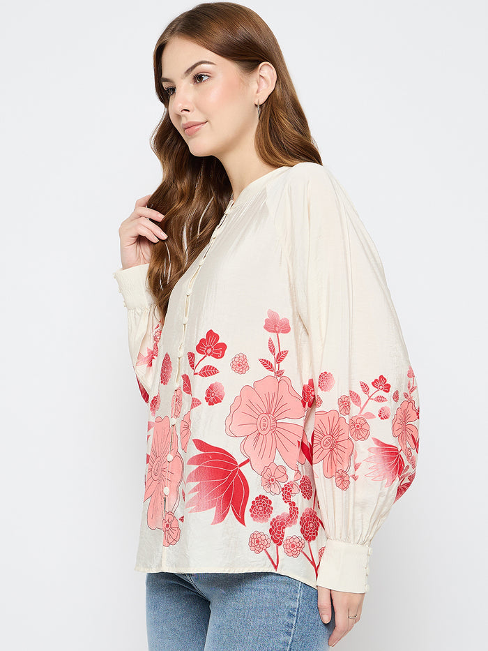Madame Floral Print Rayon Blend Beige Top