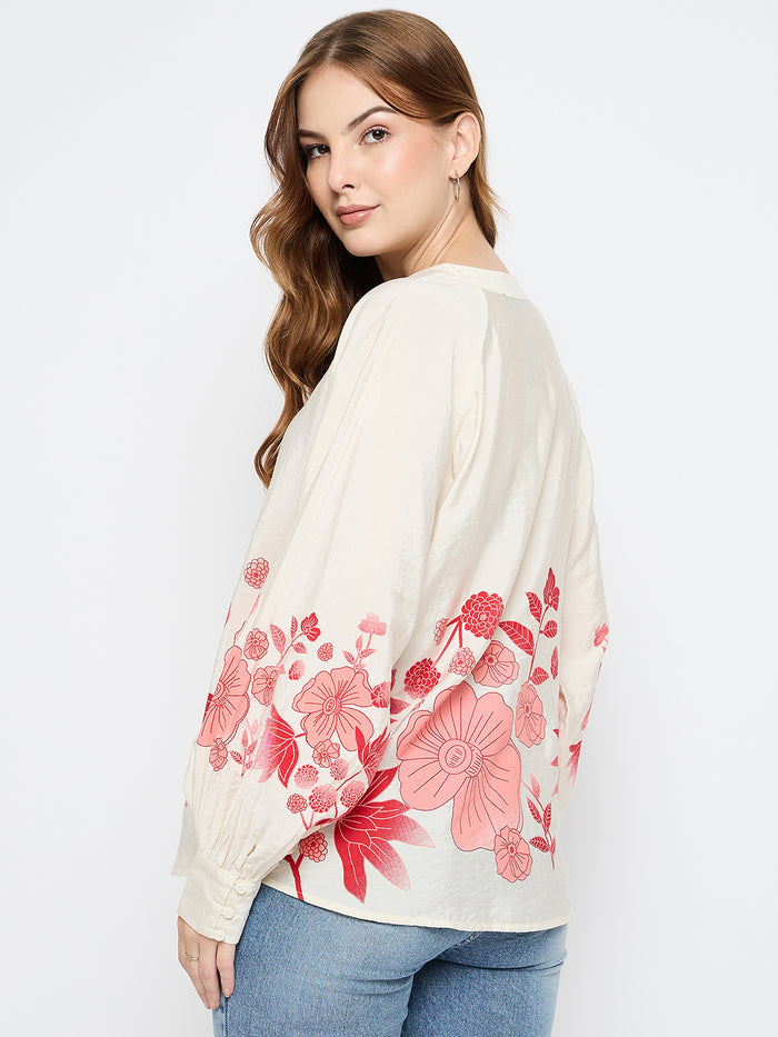 Madame Floral Print Rayon Blend Beige Top