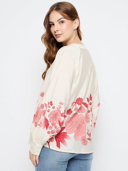 Madame Floral Print Rayon Blend Beige Top