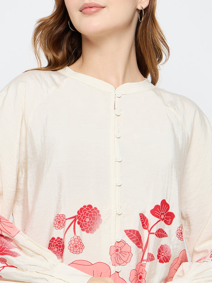 Madame Floral Print Rayon Blend Beige Top