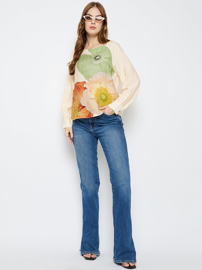 Madame Floral Print Rayon Blend Off White Top