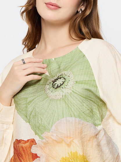Madame Floral Print Rayon Blend Off White Top