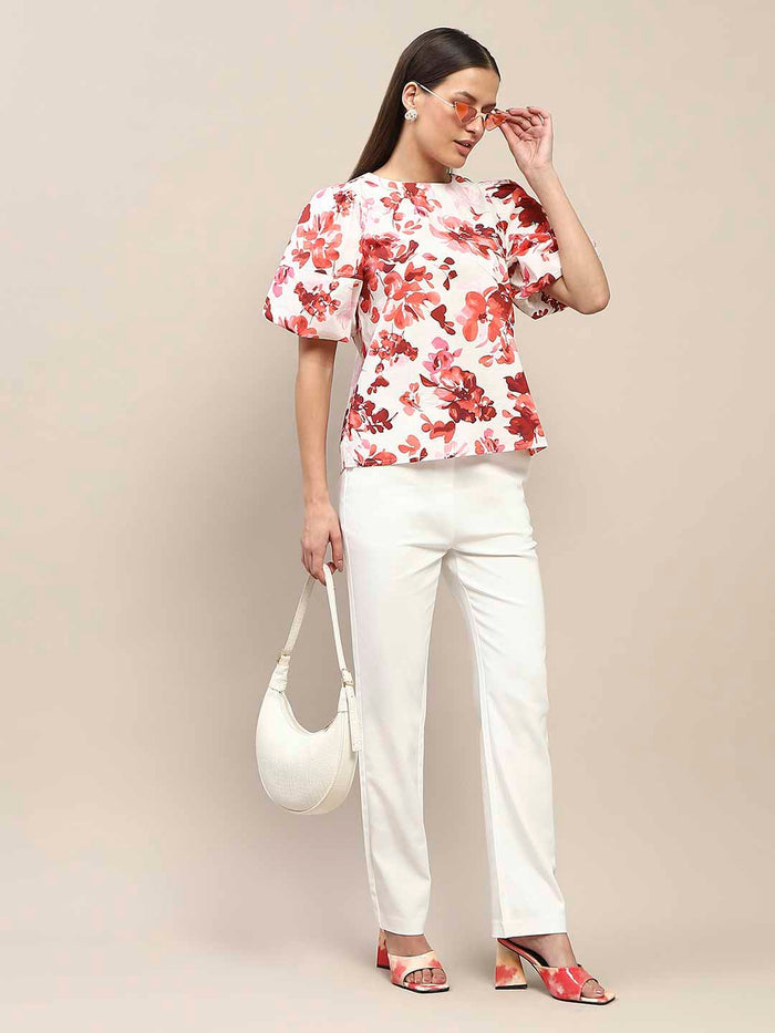 Madame Floral Print Red Cotton Top