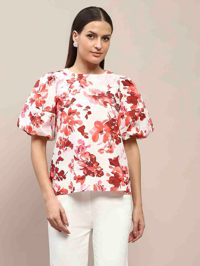 Madame Floral Print Red Cotton Top