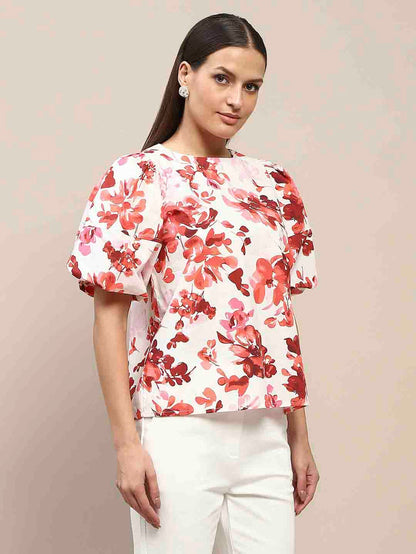 Madame Floral Print Red Cotton Top