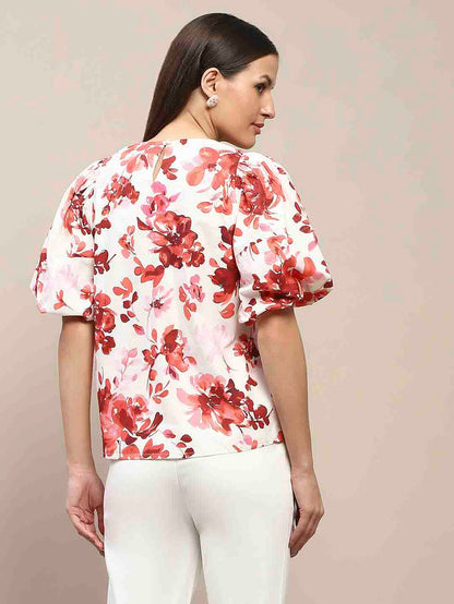 Madame Floral Print Red Cotton Top
