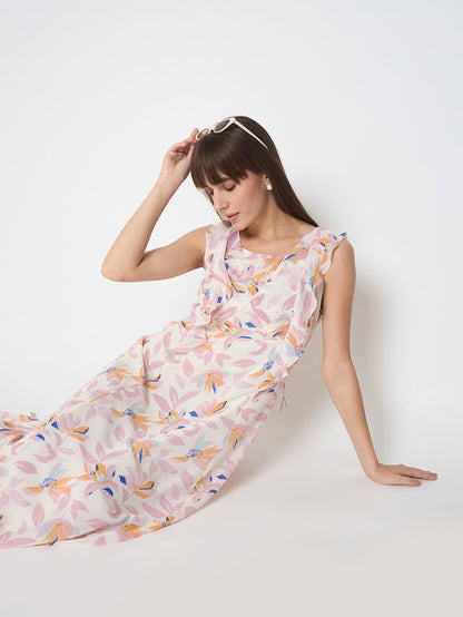Madame Floral Print Ruffle Detail Off White Midi Dress
