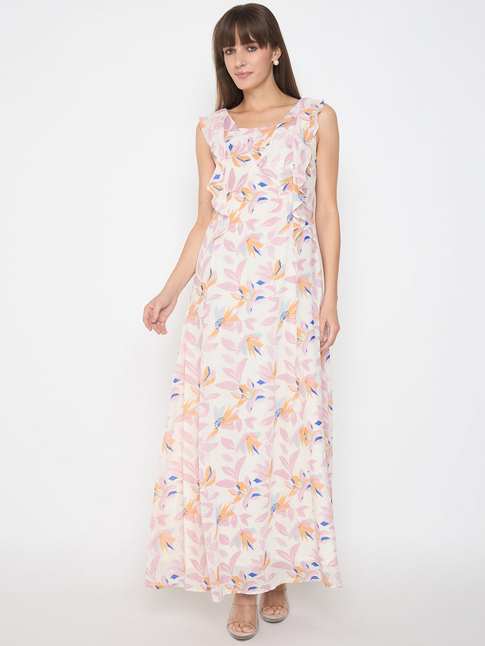 Madame Floral Print Ruffle Detail Off White Midi Dress