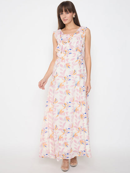 Madame Floral Print Ruffle Detail Off White Midi Dress