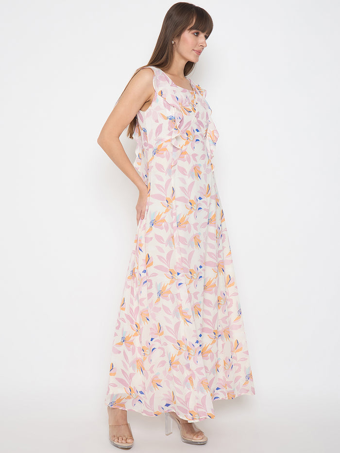 Madame Floral Print Ruffle Detail Off White Midi Dress