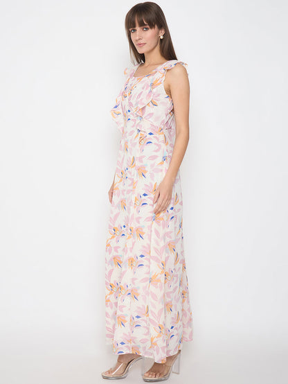 Madame Floral Print Ruffle Detail Off White Midi Dress
