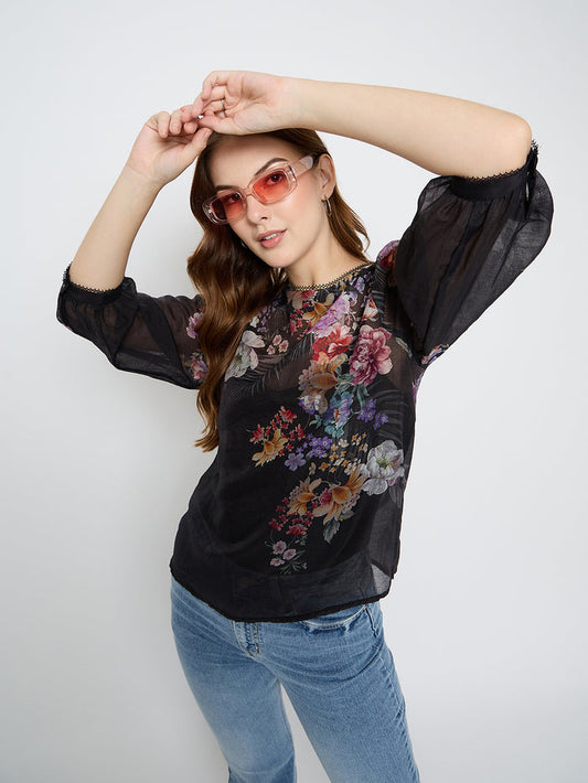 Madame Floral Print Tencel Blend Black Top