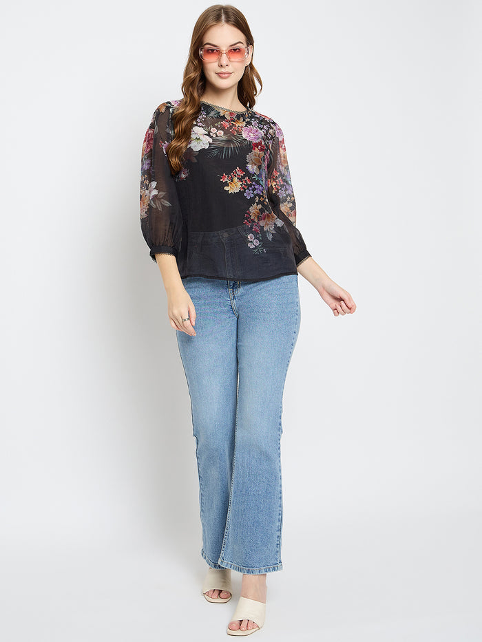 Madame Floral Print Tencel Blend Black Top