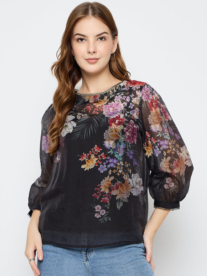Madame Floral Print Tencel Blend Black Top