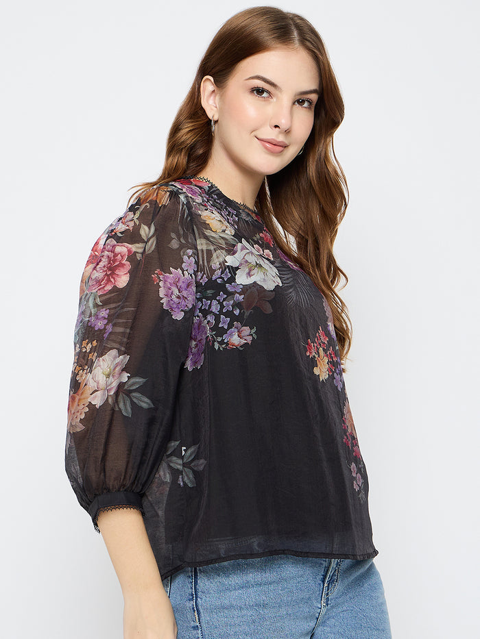 Madame Floral Print Tencel Blend Black Top