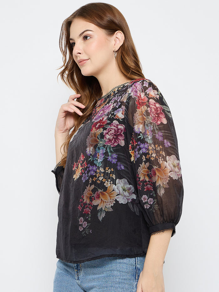 Madame Floral Print Tencel Blend Black Top