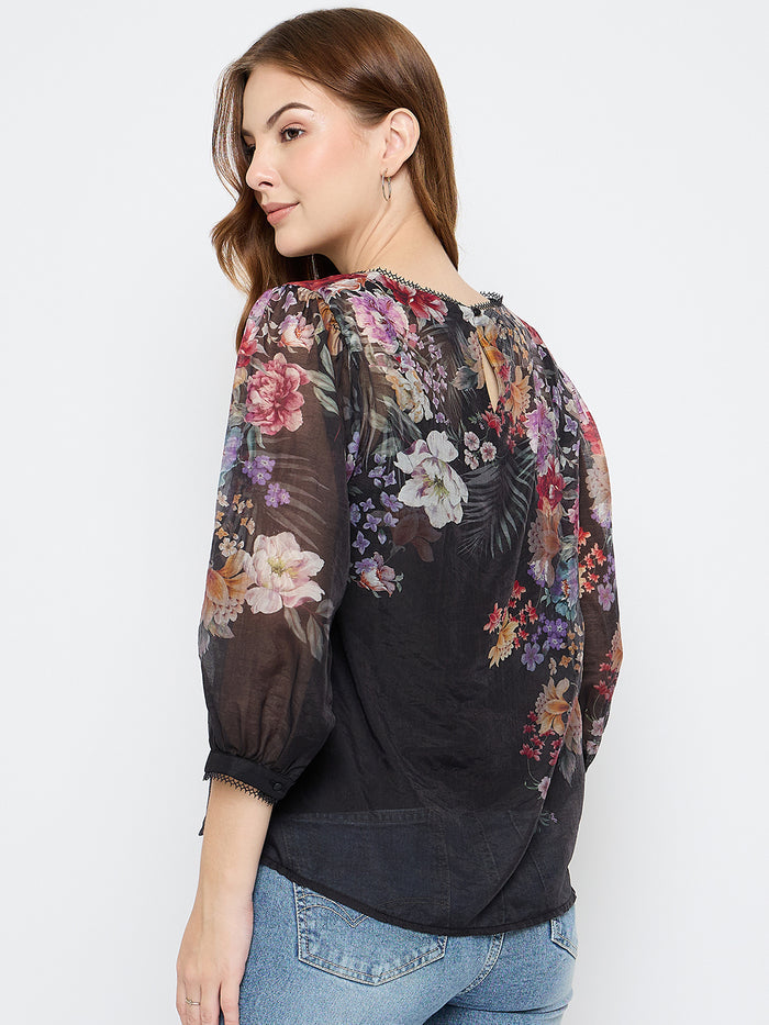 Madame Floral Print Tencel Blend Black Top