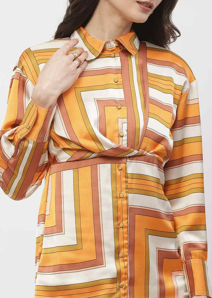Madame Geometric Print Button Down Orange Mini Shirt Dress