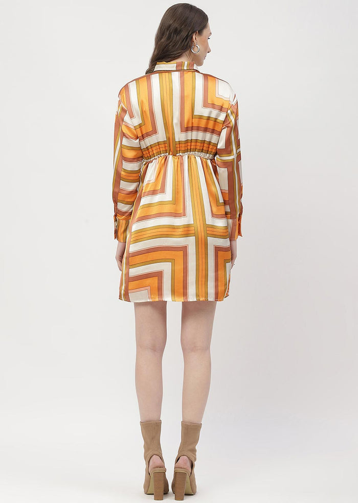 Madame Geometric Print Button Down Orange Mini Shirt Dress