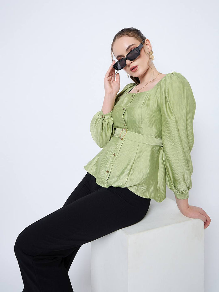 Madame Green Rayon Blend Square Neck Belted Button Front Top