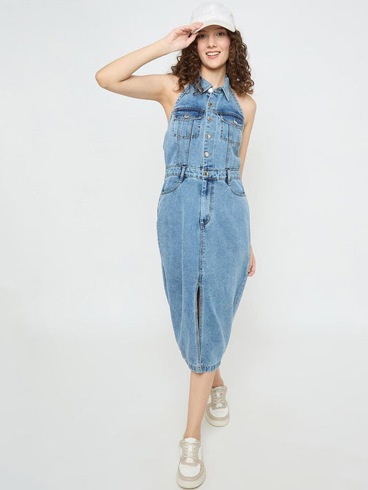 Madame Halter Neck Bodycon Cotton Denim Dress