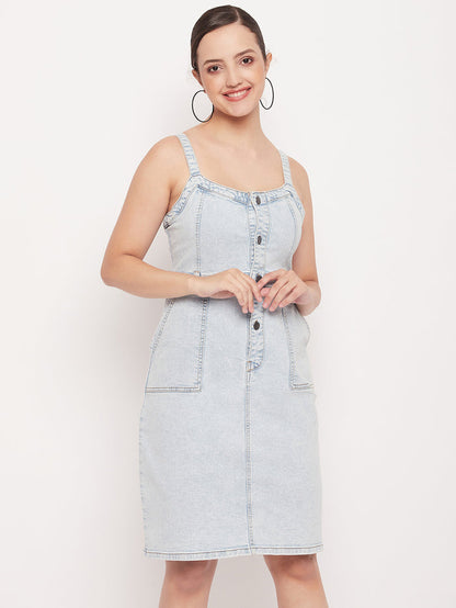 Madame Light Blue Denim Sleeveless Shift Dress