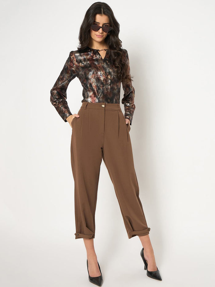 Madame Metal Buckled Neckline Tie Dye Black Satin Top