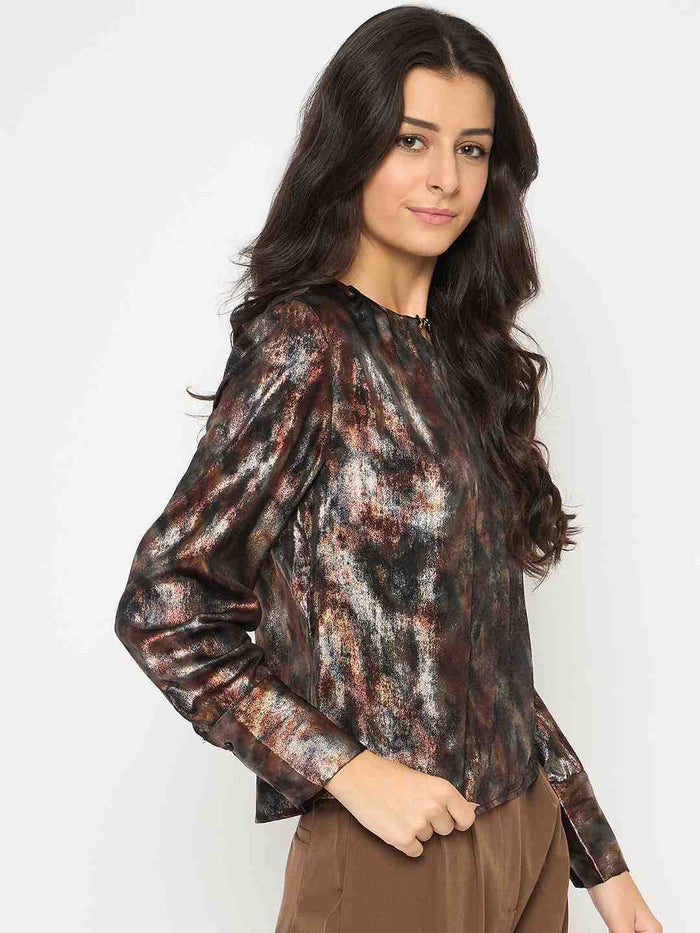 Madame Metal Buckled Neckline Tie Dye Black Satin Top