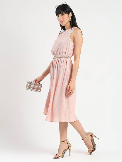 Madame Metallic Self-Design Pleated Beige Flared Maxi Dress