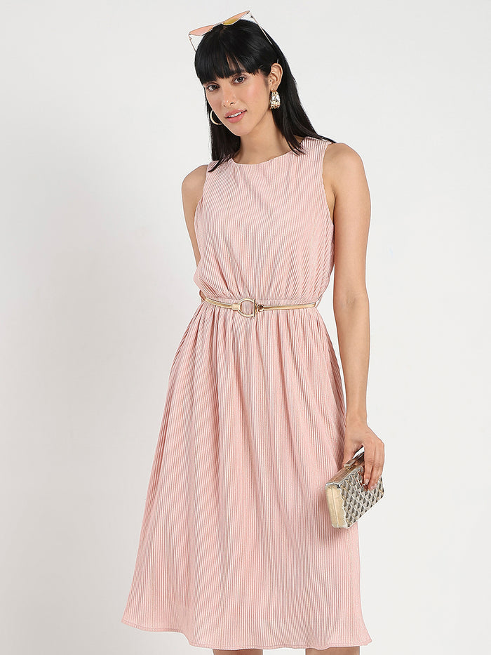 Madame Metallic Self-Design Pleated Beige Flared Maxi Dress