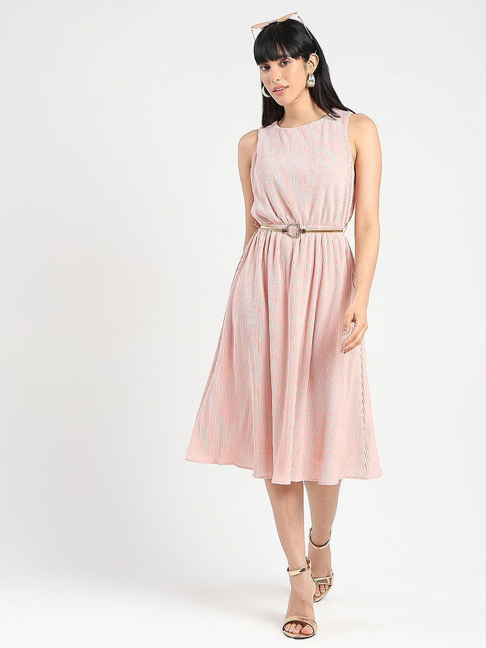 Madame Metallic Self-Design Pleated Beige Flared Maxi Dress
