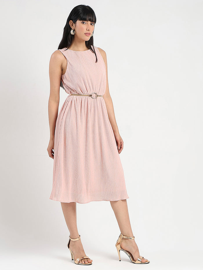 Madame Metallic Self-Design Pleated Beige Flared Maxi Dress