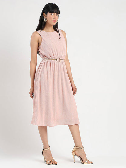 Madame Metallic Self-Design Pleated Beige Flared Maxi Dress