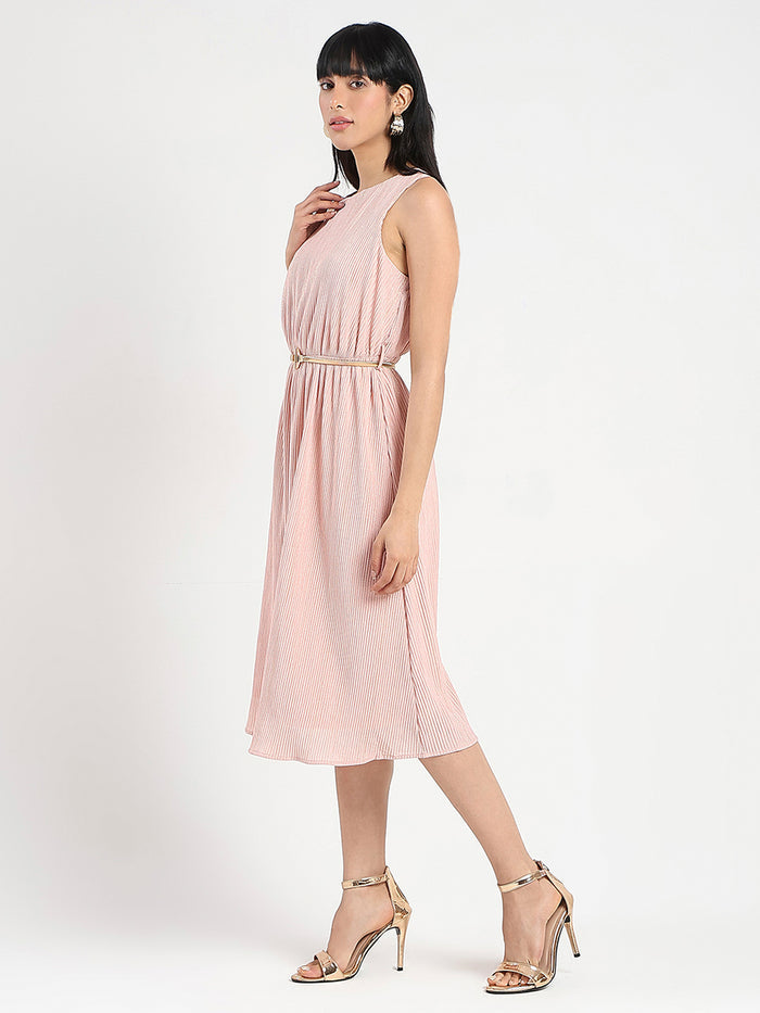 Madame Metallic Self-Design Pleated Beige Flared Maxi Dress