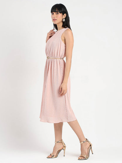 Madame Metallic Self-Design Pleated Beige Flared Maxi Dress