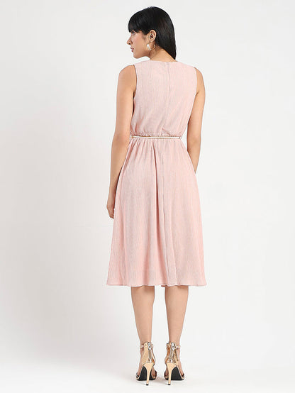Madame Metallic Self-Design Pleated Beige Flared Maxi Dress