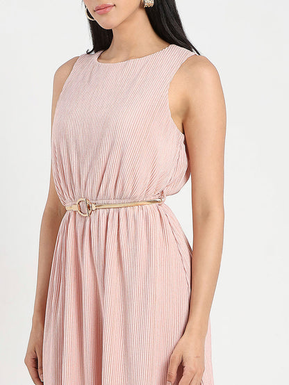 Madame Metallic Self-Design Pleated Beige Flared Maxi Dress