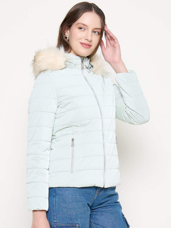 Madame Nylon Detachable Hood Quilted Light Blue Short Jacket