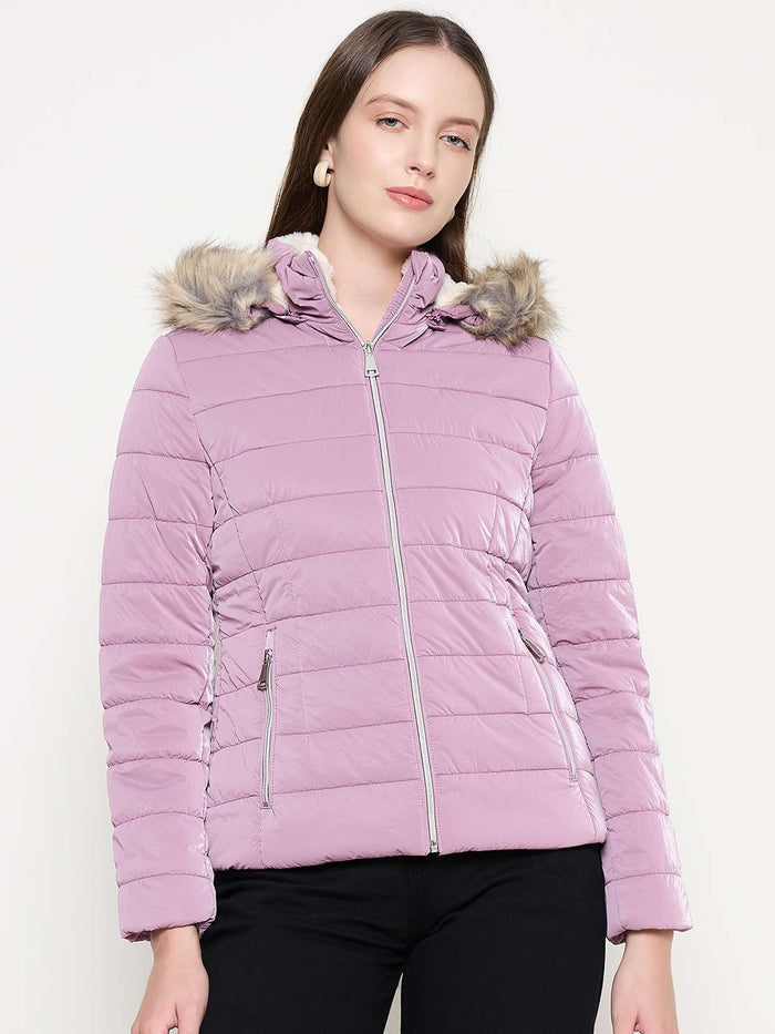 Madame Nylon Detachable Hood Quilted Mauve Short Jacket