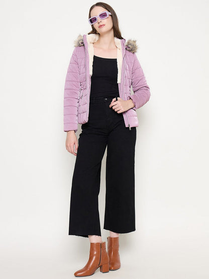 Madame Nylon Detachable Hood Quilted Mauve Short Jacket