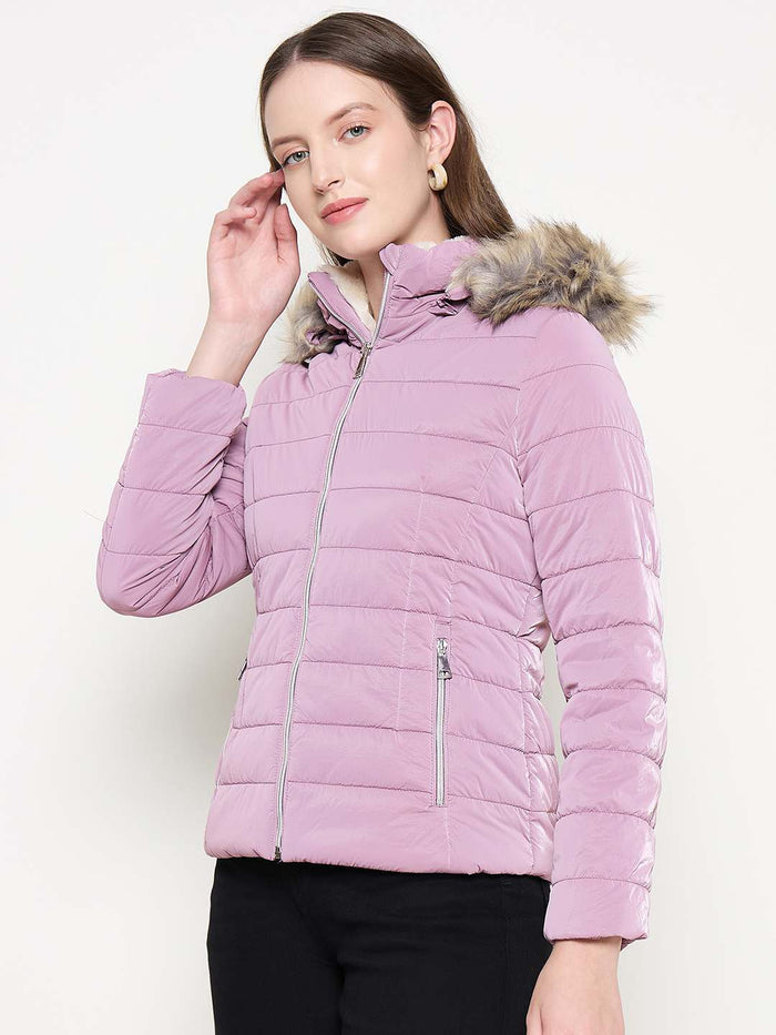 Madame Nylon Detachable Hood Quilted Mauve Short Jacket