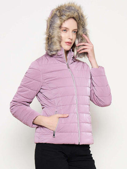 Madame Nylon Detachable Hood Quilted Mauve Short Jacket