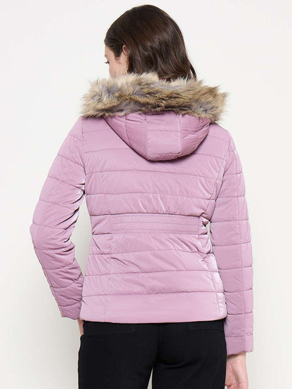 Madame Nylon Detachable Hood Quilted Mauve Short Jacket