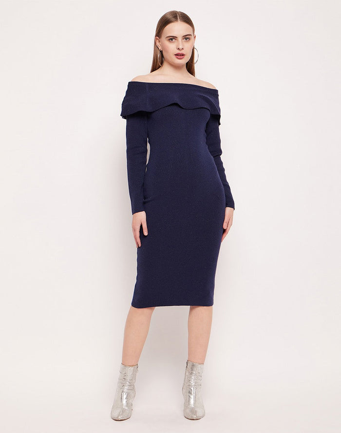 Madame Off- Shoulder Navy Blue Bodycon Dress
