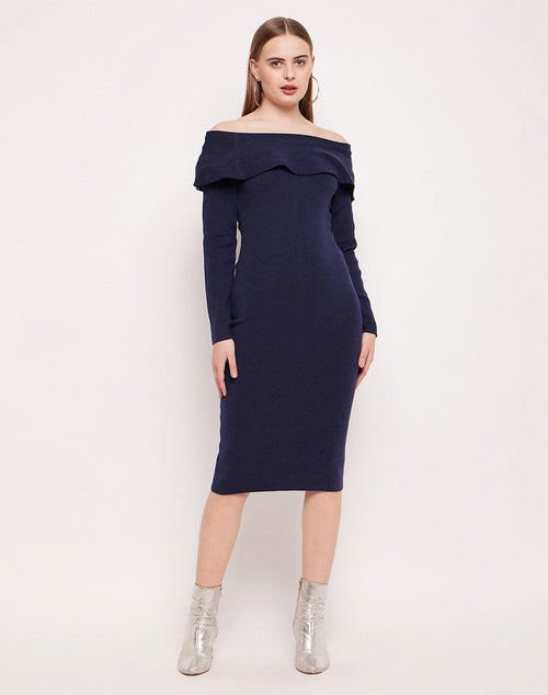 Madame Off- Shoulder Navy Blue Bodycon Dress