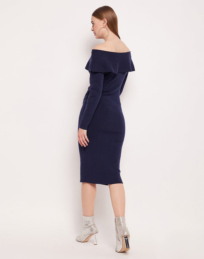 Madame Off- Shoulder Navy Blue Bodycon Dress