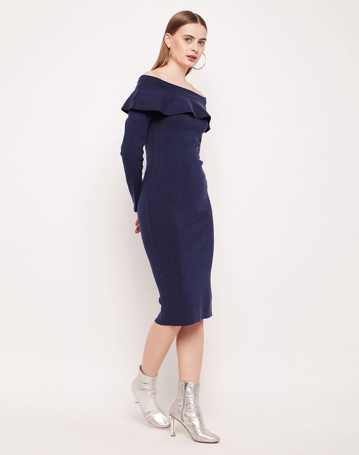 Madame Off- Shoulder Navy Blue Bodycon Dress