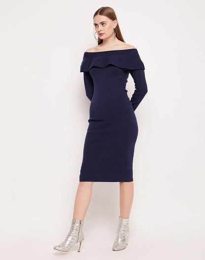 Madame Off- Shoulder Navy Blue Bodycon Dress